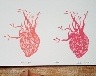 linocut print LOVE - original art print, romantic wall art, limited edition, two hearts, engraved and printed by hand, nature artwork