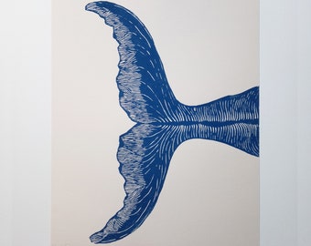 linocut Fin Whale - original art print, engraved and printed by hand, Seascape, Minimalist artwork, nature art, sea creature, ocean print
