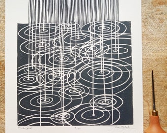 linocut print Gray Rain - original art print, nature wall art, limited edition