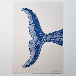 Linoleografia Pinna di balena - stampa d'arte originale, incisa e stampata a mano, Seascape, arte minimalista, arte della natura