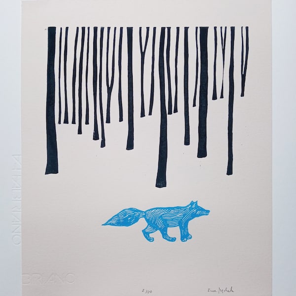 Vos in het bos linosnede - originele handgedrukte en gegraveerde kunstdruk, natuurkunst, gelimiteerde oplage, blauwdruk