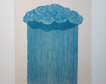 linocut print Heavy Rain - original art print, nature wall art, art prints nature, limited edition