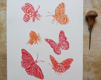 linocut Butterflies, original art print, engraved and hand printed, Insect illustration, nature art, garden artwork