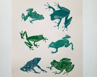 linocut Frogs - original art print, natural home decor, nature art, zoological illustration, hand carved and printed, green artwork,