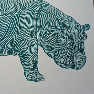 linocut HIPPOPOTAMUS original art print, savannah animals, nature artwork, limited edition, zoological illustration, hand carved and printed image 1