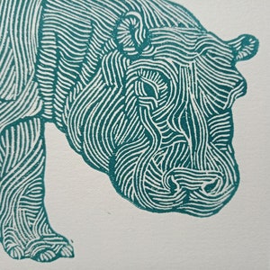 linocut HIPPOPOTAMUS original art print, savannah animals, nature artwork, limited edition, zoological illustration, hand carved and printed image 2