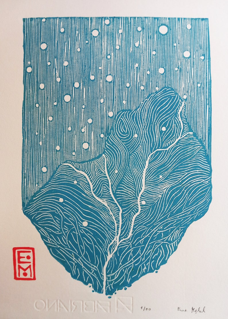 Turquoise Meteorite Linocut, Original Art Print, Blue Wall Art ...