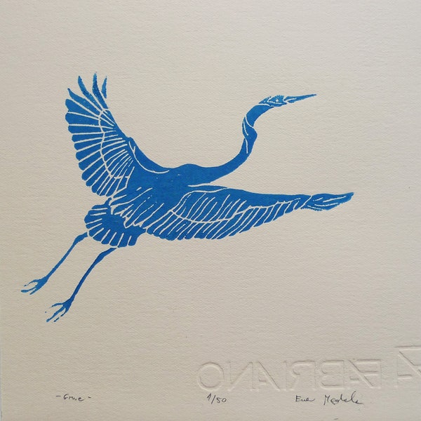 linocut Crane blue bird, original art print, ready for frame nature art, limited edition, minimalist ornithological decoration, hand printed