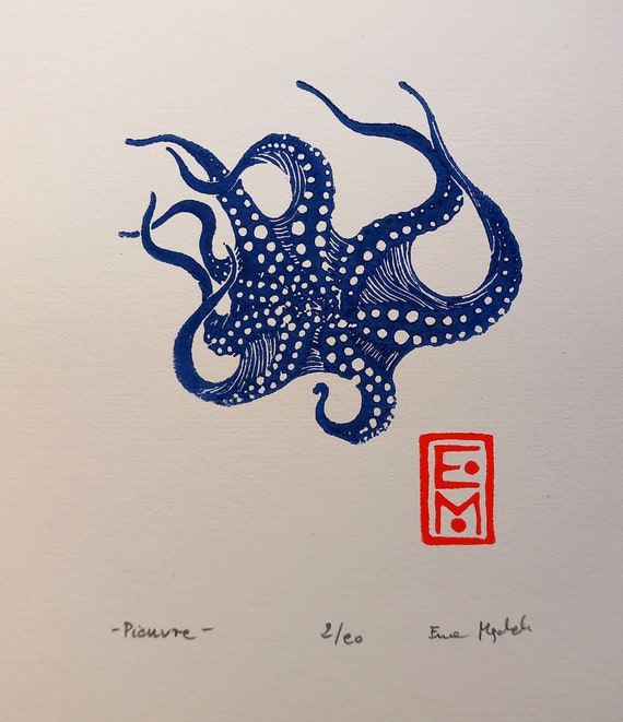 Linogravure Pieuvre d'encre, impression d'art originale, estampe, édition limitée, illustration zoologique, minimaliste art de la nature