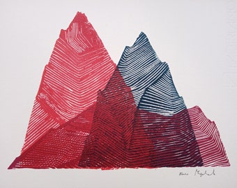 Berge Linolschnitt, Original Kunstdruck, minimalistische Landschaft, limitierte Auflage, handgraviert und gedruckt, Klettern, Bergsteigen