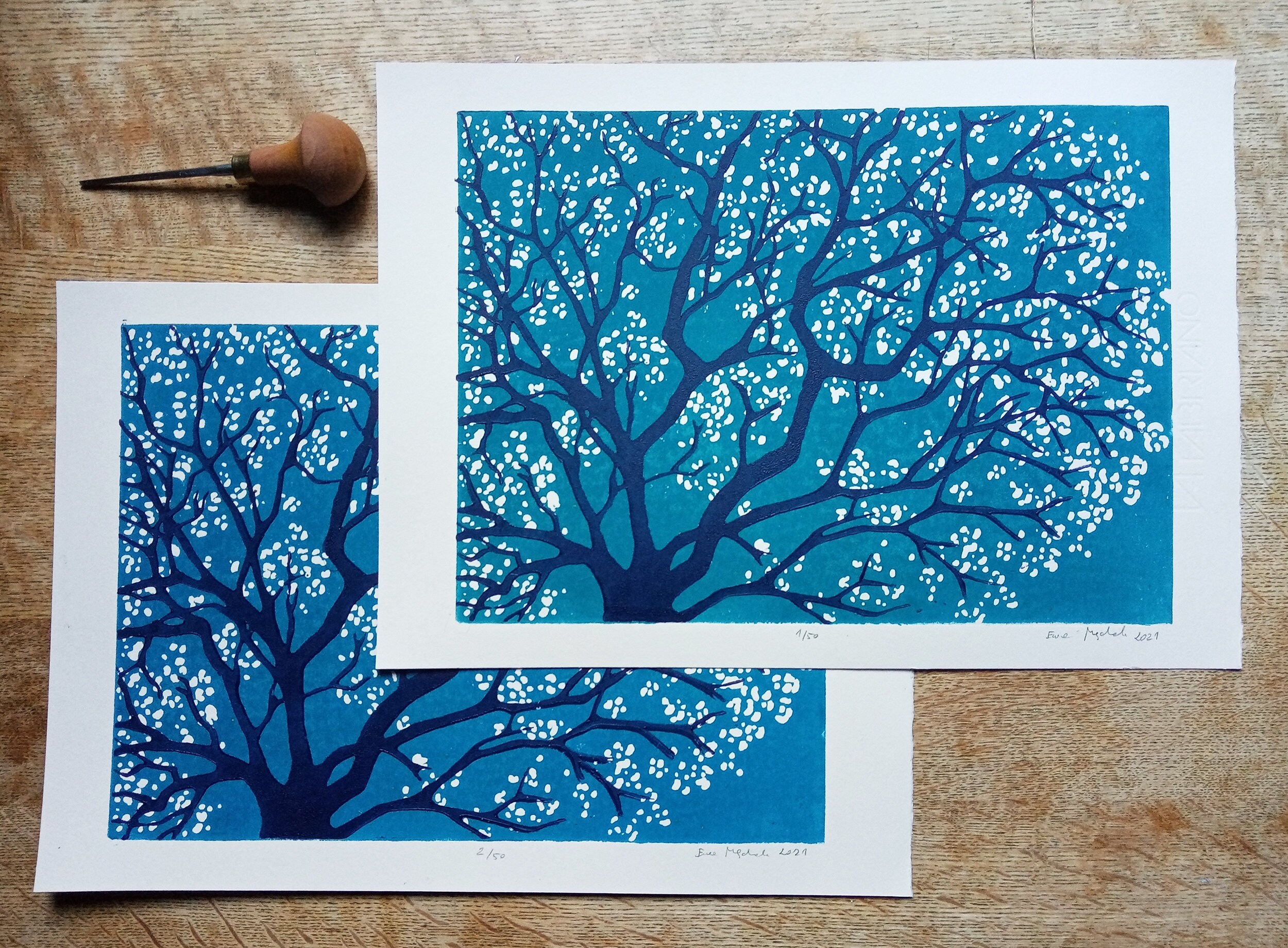 Linocut Blooming Tree Original Art Print Floral Art Spring | Etsy