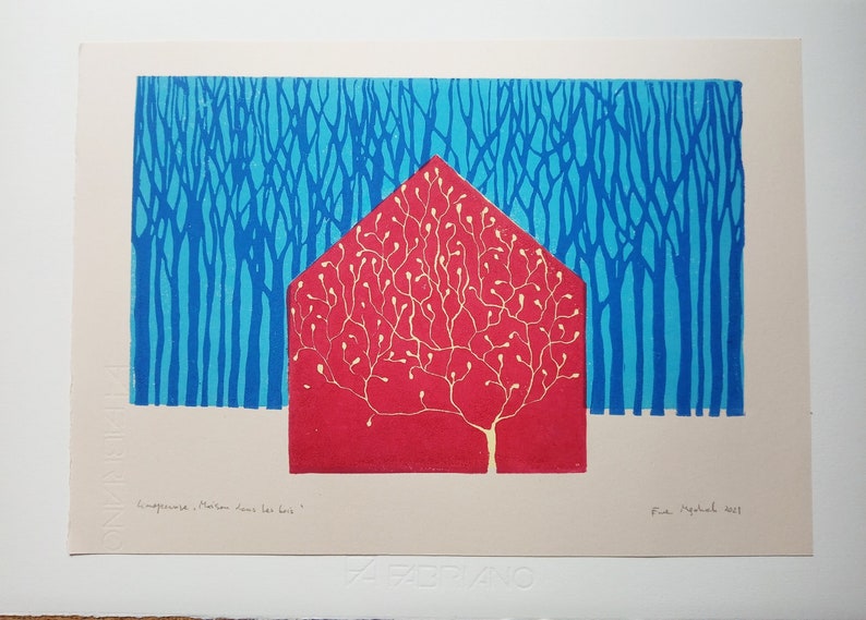 linocut Red house in the woods original art print, nature art, forest artwork, limited edition, hand carved and printed, multiblock print image 1
