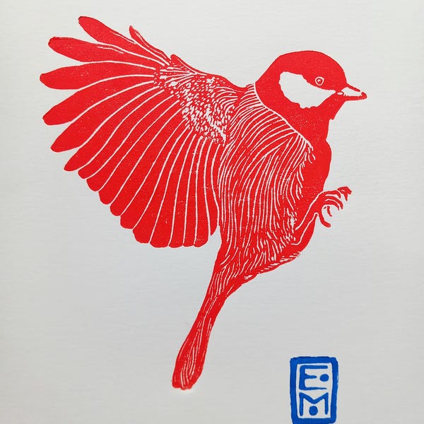linocut Red titmouse in flight, original art print, nature art, ornithological illustration, signed and numbered, bird in flight