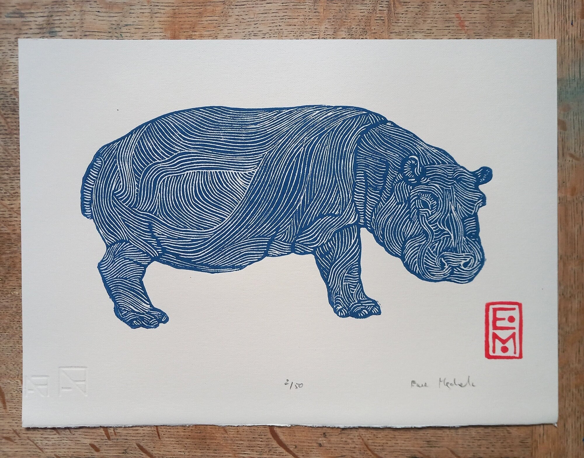 Linocut Hippopotamus original art print, savannah animals, nature artwork, limited edition, zoological illustration, hand carved and printed