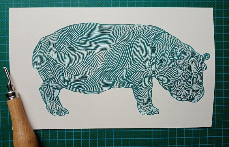 linocut HIPPOPOTAMUS original art print, savannah animals, nature artwork, limited edition, zoological illustration, hand carved and printed image 3