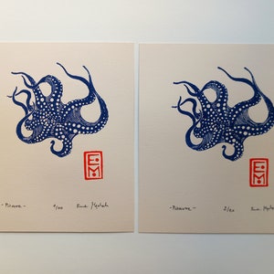 Linocut Ink octopus - original art print, limited edition, zoological illustration, minimalist nature art, hand carved and hand printed image 7