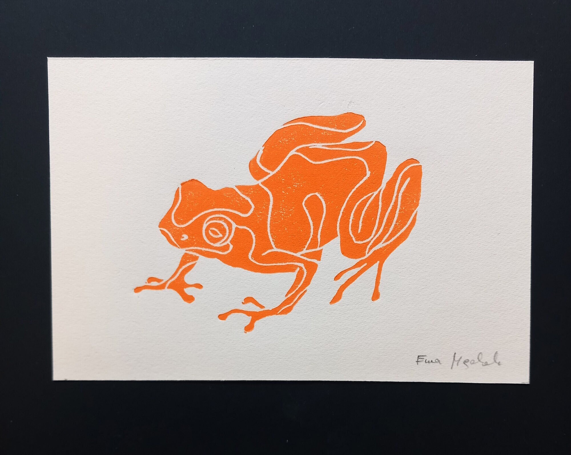 Linocut Orange frog, original art print, nature wall art, limited edition artwork, zoological boards, ecological decoration, home wall decor