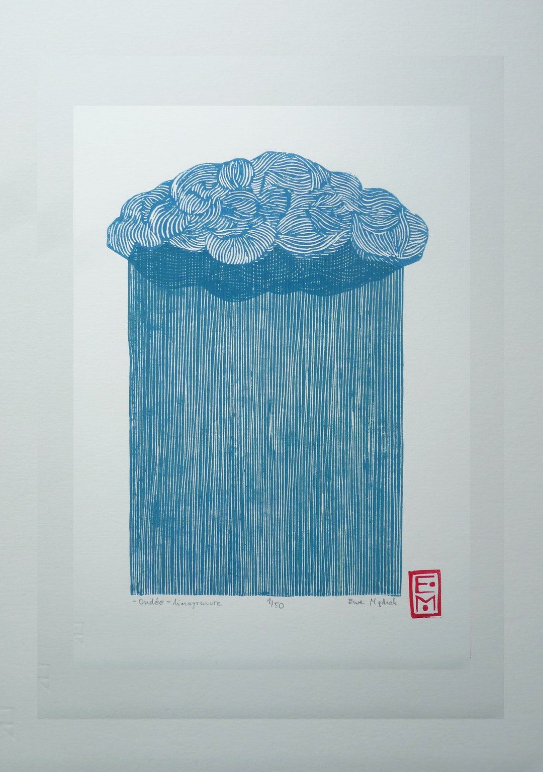Linocut Heavy Rain - Original Art Print With a Red Monogram, Nature ...