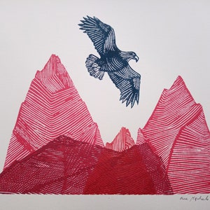 Linocut print - Hunting, original art print, minimalist landscape, eagle and mountain, limited edition, engraved and printed by hand
