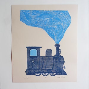 linocut print Train - original art print, train journey, choo choo