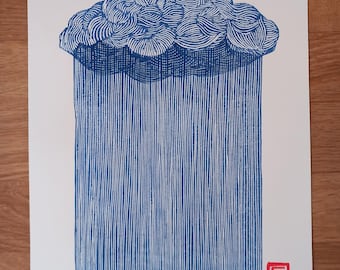Linocut  Heavy Rain - original art print with a red monogram, nature wall art, limited edition, rain, hand carved, hand printed, rain cloud