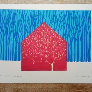 linocut Red house in the woods original art print, nature art, forest artwork, limited edition, hand carved and printed, multiblock print image 2