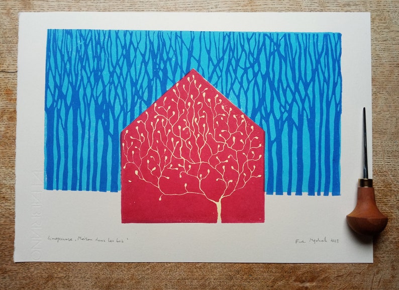 linocut Red house in the woods original art print, nature art, forest artwork, limited edition, hand carved and printed, multiblock print image 2