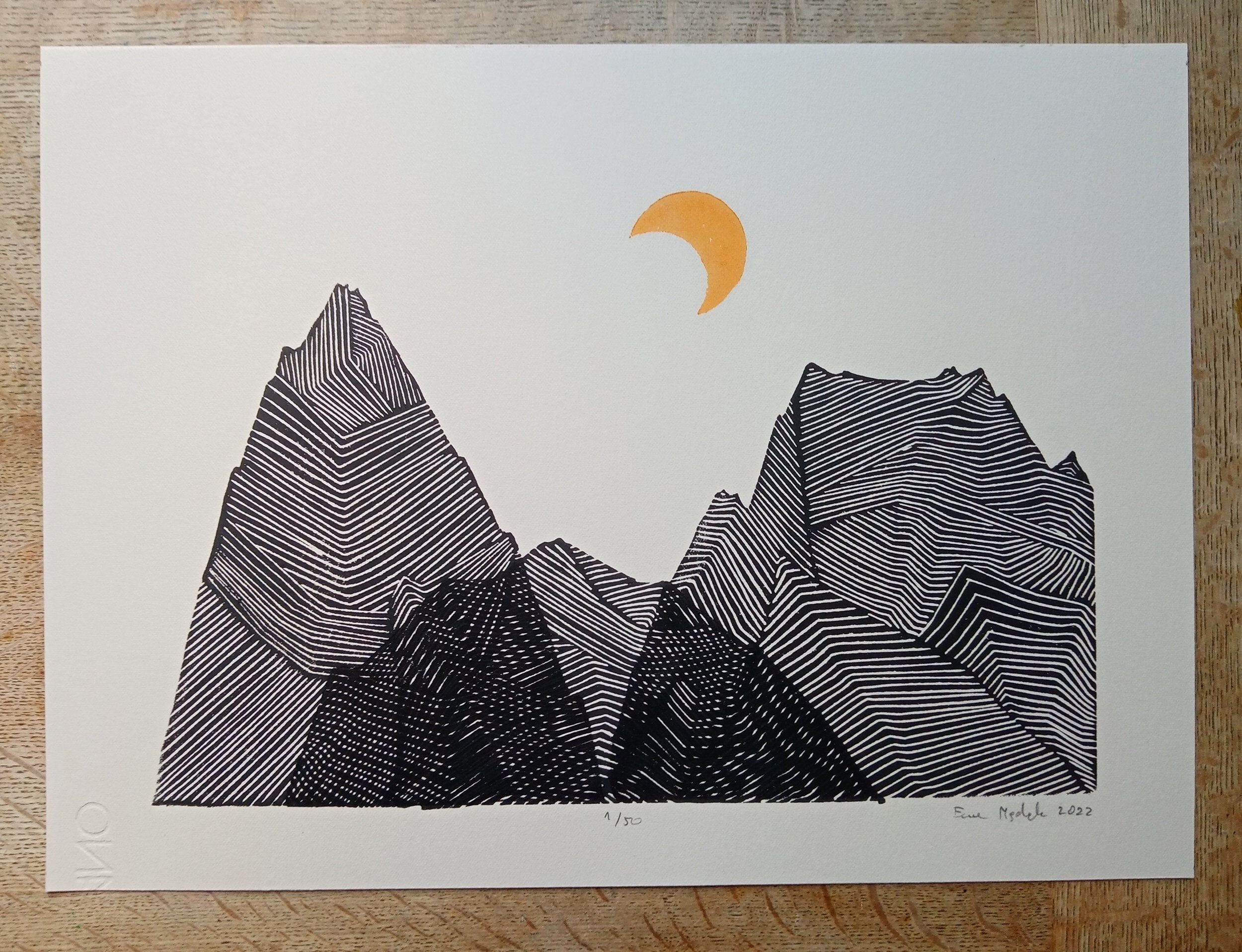 Yellow Moon Linolschnitt, Original Kunstdruck, minimalistische und fantastische Berglandschaft, limitierte Auflage, Klettern, Bergsteigen