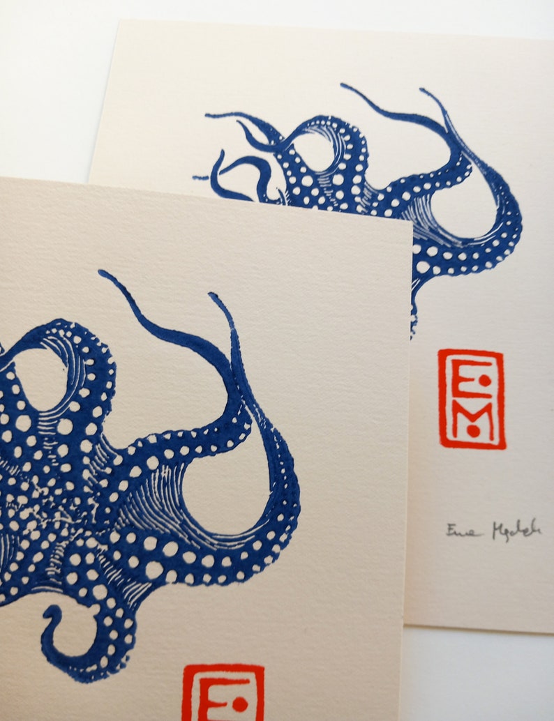 Linocut Ink octopus - original art print, limited edition, zoological illustration, minimalist nature art, hand carved and hand printed image 6