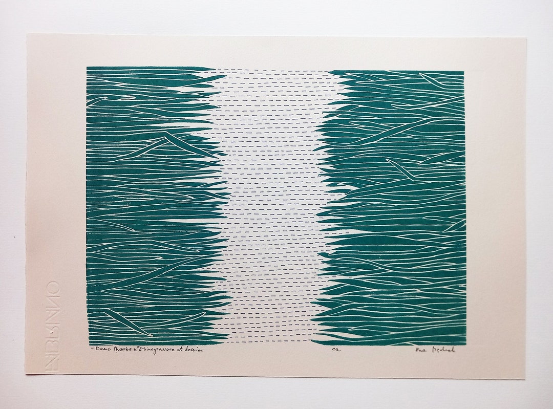 Linocut and Drawing in the Grass No.2, Original Artwork, Mixed Media