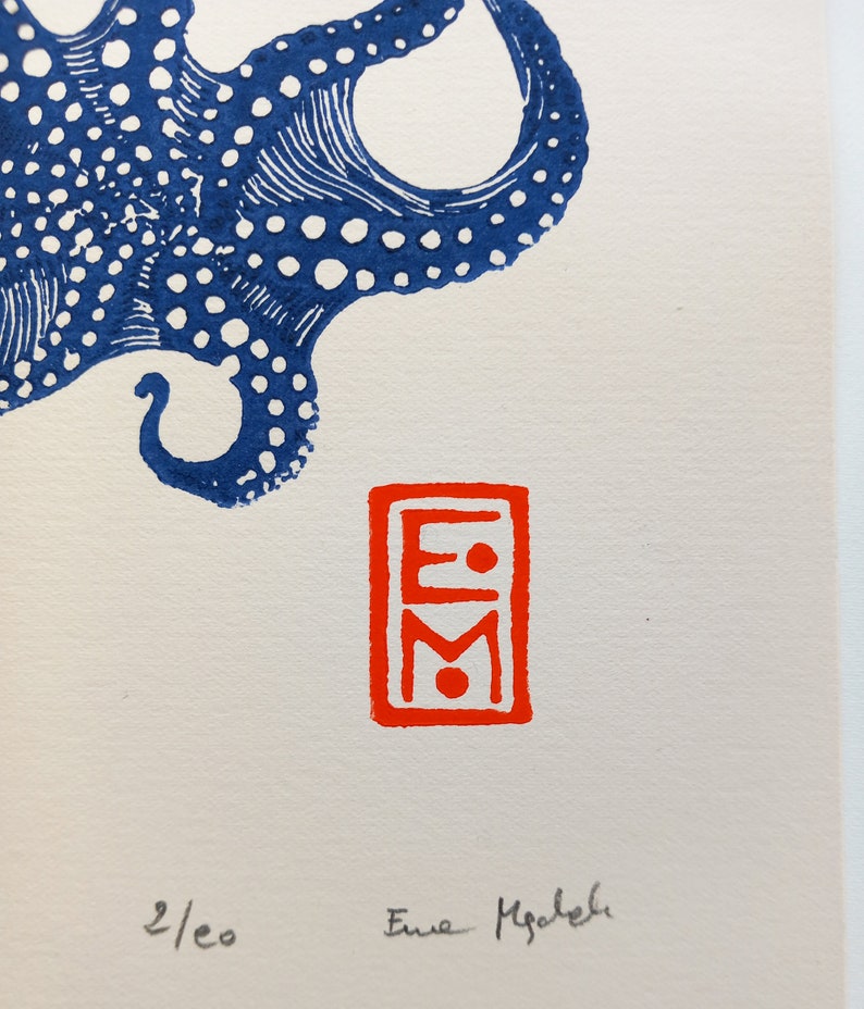 Linocut Ink octopus - original art print, limited edition, zoological illustration, minimalist nature art, hand carved and hand printed image 5