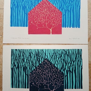 linocut Red house in the woods original art print, nature art, forest artwork, limited edition, hand carved and printed, multiblock print image 5