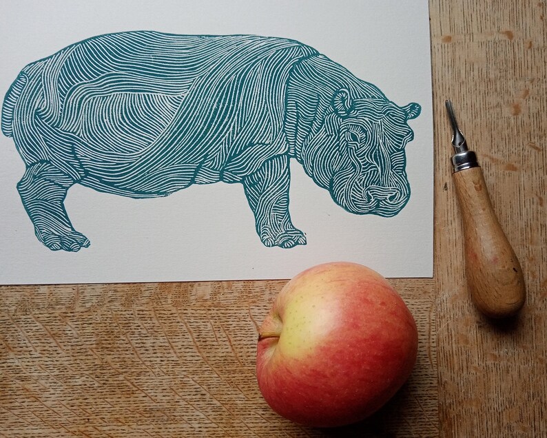 linocut HIPPOPOTAMUS original art print, savannah animals, nature artwork, limited edition, zoological illustration, hand carved and printed image 5