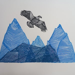 Linocut print - Hunting, original art print, minimalist landscape, eagle and mountain, limited edition, engraved and printed by hand