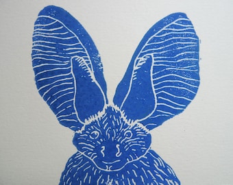 linocut Bat, original art print, blue wall decor, hand made artwork, ready for frame, zoological art, funny animals print , limited edition