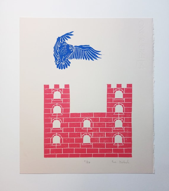 linogravure Chouette et château - impression d'art originale, estampes murale, illustration gothique, paysage fantastique, ruines magiques