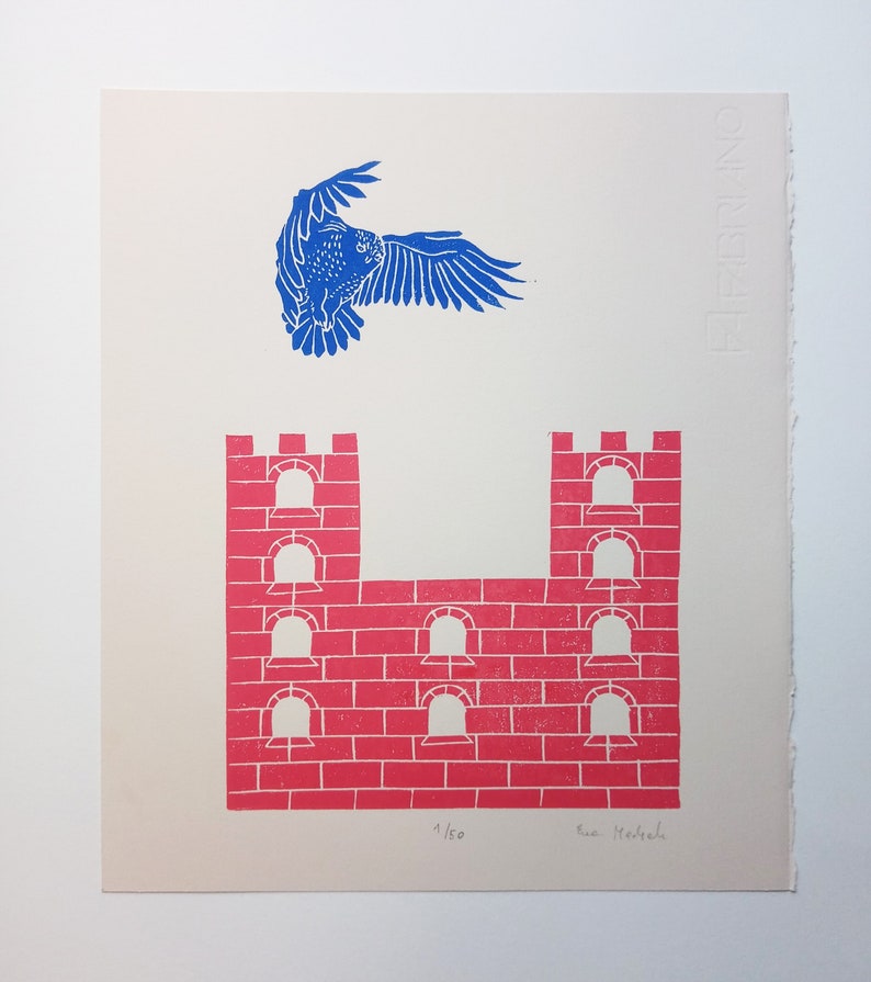 May include: A blue bird flies over a red brick castle with arched windows. The print is signed "Sue  McLeod" and numbered "1/50".