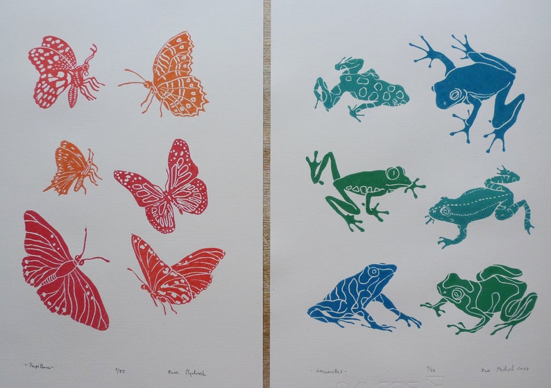 linocut Butterflies, original art print, engraved and hand printed, Insect illustration, nature art, garden artwork image 3