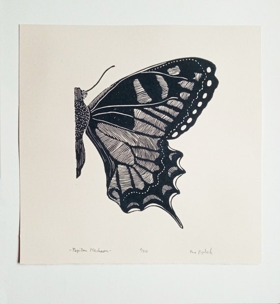 Swallowtail Butterfly Linocut, Original Art Print, Natural