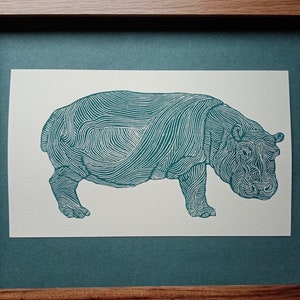 linocut HIPPOPOTAMUS original art print, savannah animals, nature artwork, limited edition, zoological illustration, hand carved and printed image 6