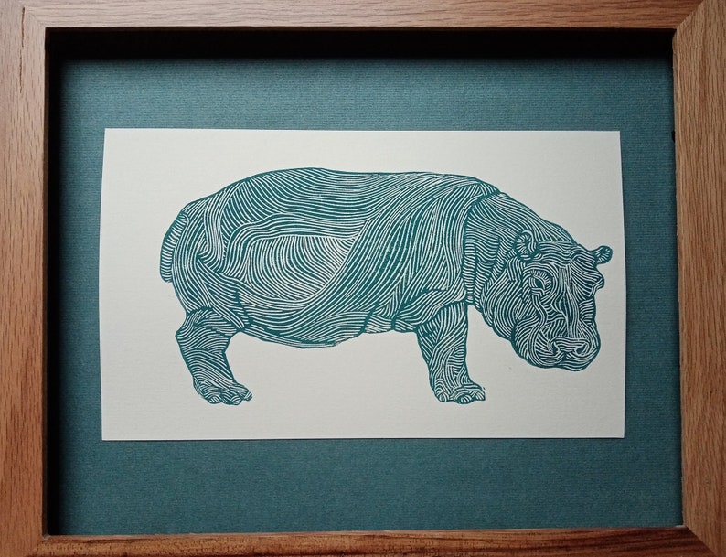 linocut HIPPOPOTAMUS original art print, savannah animals, nature artwork, limited edition, zoological illustration, hand carved and printed image 6