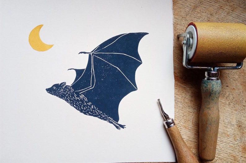 Linocut Bat- Original Art Print, Hand Carved and Printed, Limited ...