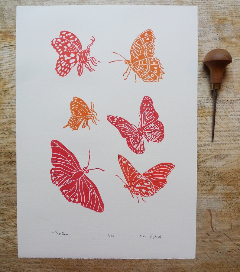 linocut Butterflies, original art print, engraved and hand printed, Insect illustration, nature art, garden artwork image 1