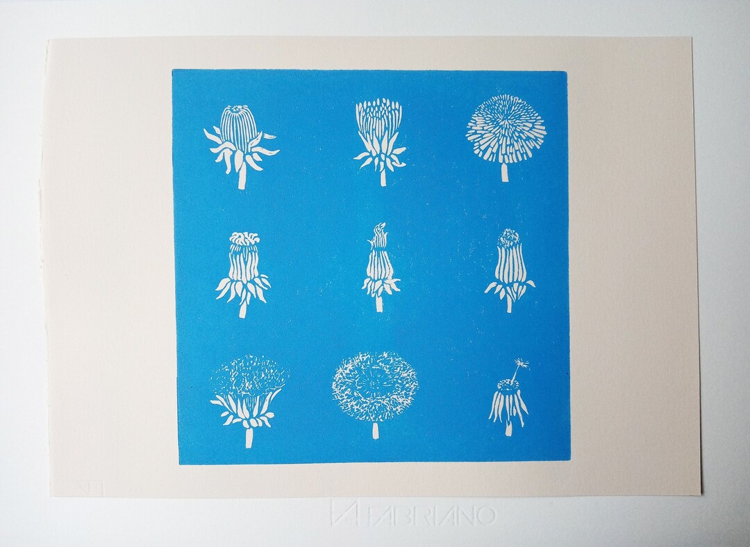 Linocut Print Dandelion Original Art Print, Hand Engraved and Printed