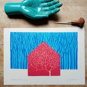 linocut Red house in the woods original art print, nature art, forest artwork, limited edition, hand carved and printed, multiblock print image 3