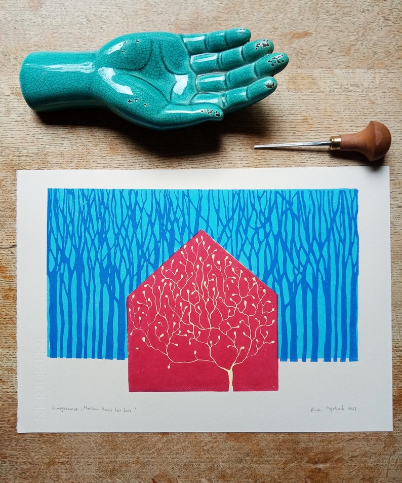 linocut Red house in the woods original art print, nature art, forest artwork, limited edition, hand carved and printed, multiblock print image 3