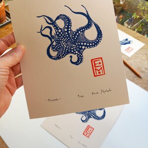Linocut Ink octopus - original art print, limited edition, zoological illustration, minimalist nature art, hand carved and hand printed image 2