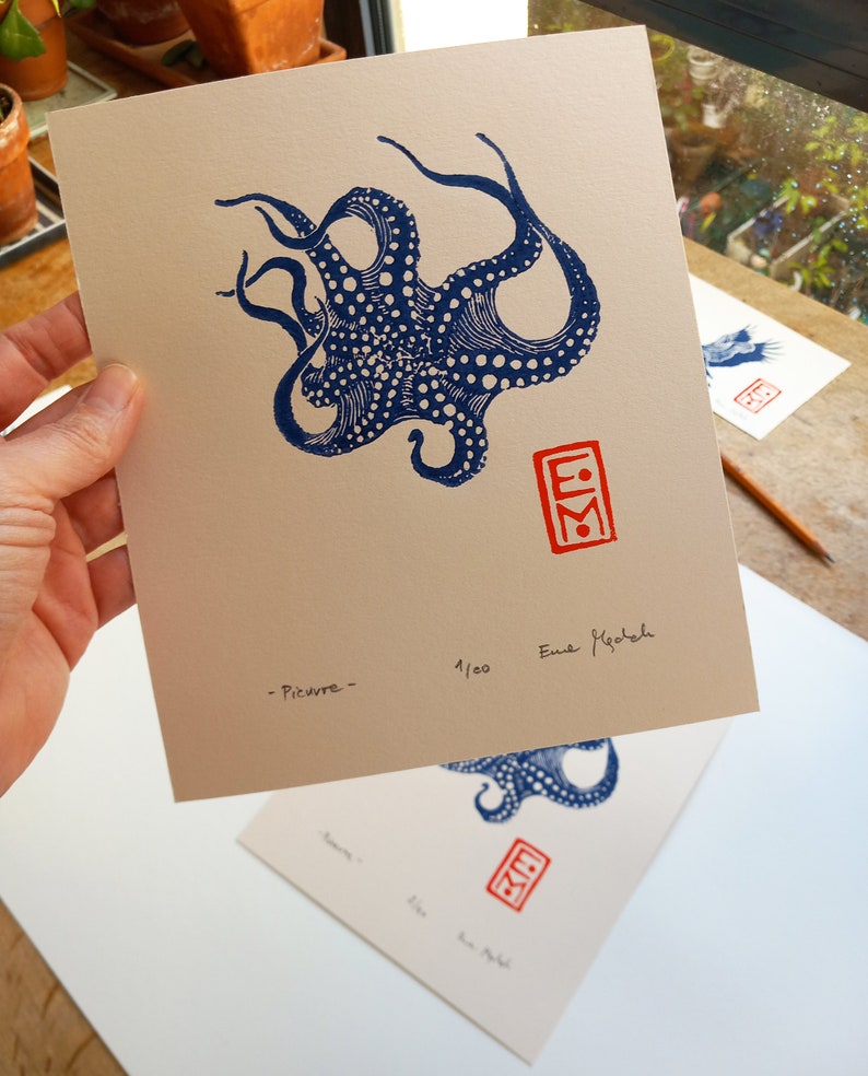 Linocut Ink octopus - original art print, limited edition, zoological illustration, minimalist nature art, hand carved and hand printed image 2