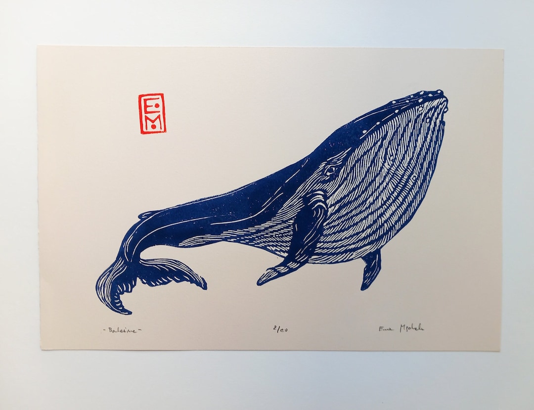 Linogravure Baleine - impression d'art originale gravé et imprimé à la main, art marin, art de la nature, estampe bleu - Etsy France