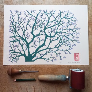 linocut and drawing Leaves, original artwork, mixed media, contemporary art, botanical art, garden trees, unique artwork image 10